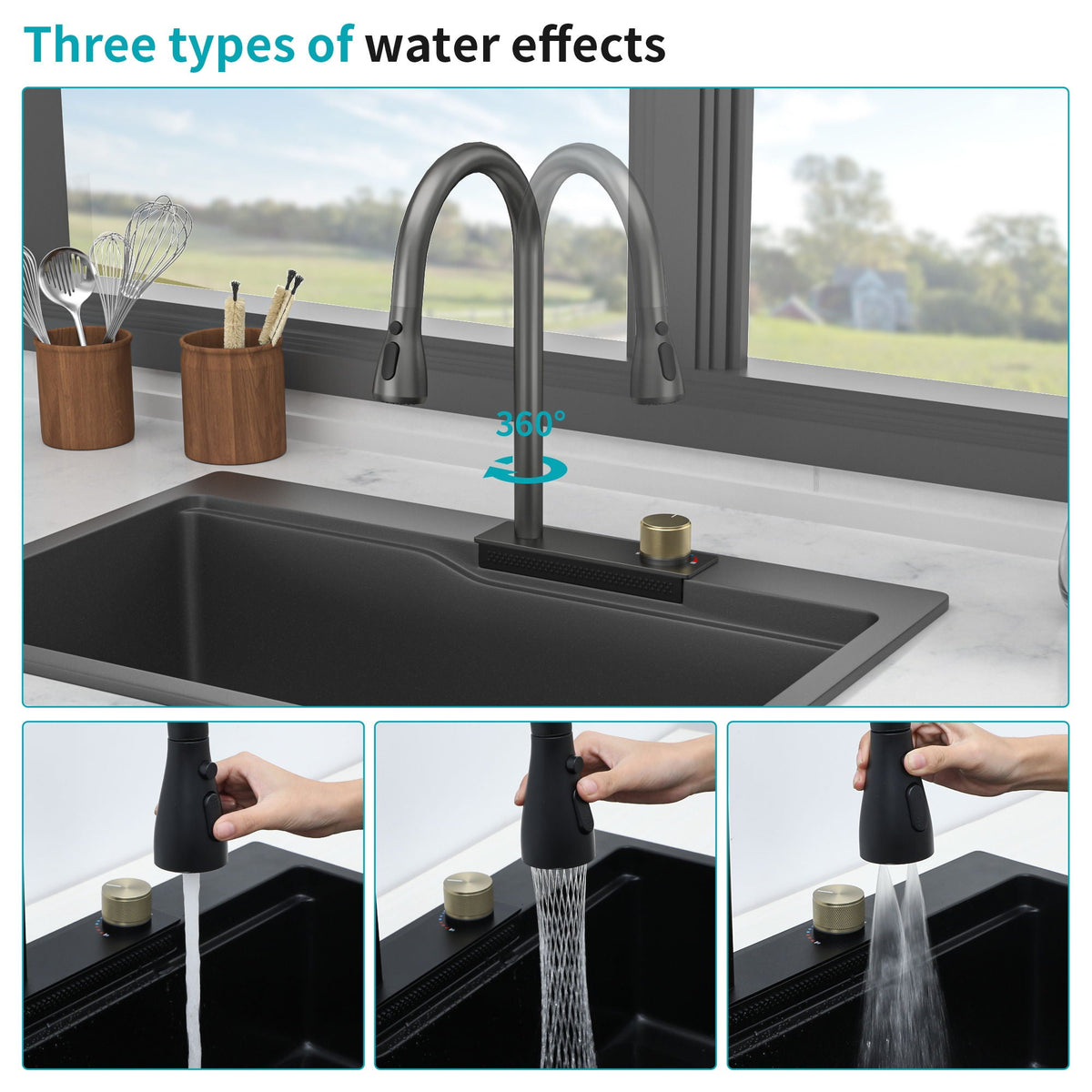 Waterfall Kitchen Sink With Pull Out Faucet & Cup Washer, photo 30 of 40