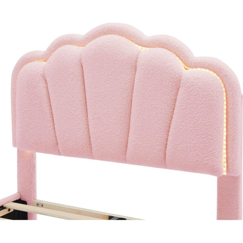 2-Pieces Bedroom Sets Twin Size Flower-Shaped Upholstered LED Platform Bed with Storage Ottoman-Sherpa Fabric, Pink