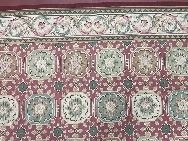 9x9 Square Rug Hand Knotted, Needlepoint Aubusson Carpet, Blush Red, Beige, Green, New, Mint Condition Area Rug, English European Design