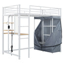 Loft Bed With Desk, Shelves, Power Outlet, LED Light And Wardrobe