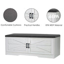 2 Tier Shoe Bench with Padded Seat, 2 Barn Doors and Adjustable Shelves, for Entryway and Living Room, White MDF