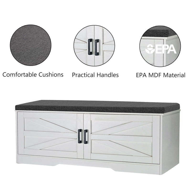 2 Tier Shoe Bench with Padded Seat, 2 Barn Doors and Adjustable Shelves, for Entryway and Living Room, White MDF