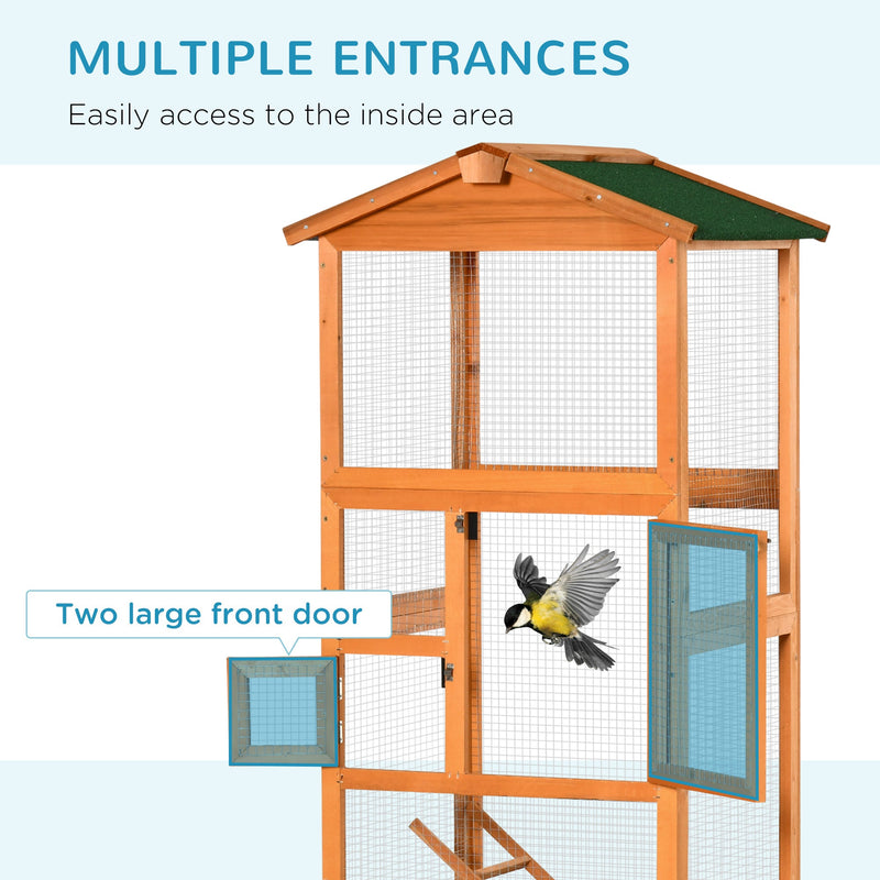 65" Wooden Bird Cage Outdoor Aviary House for Parrot, Parakeet, with Pull Out Tray and 2 Doors, Orange
