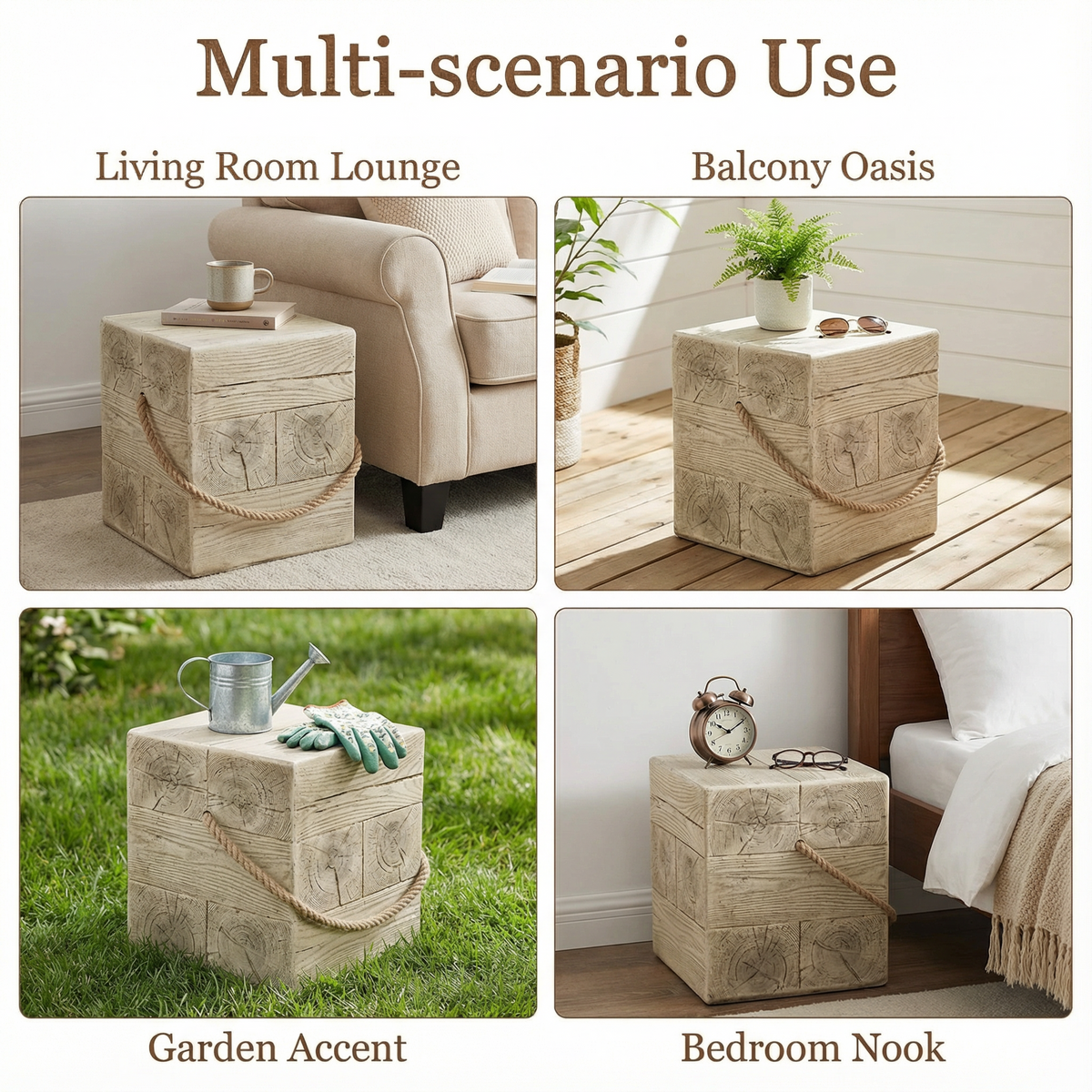 Outdoor Wood Grain Square MGO Side Table with Simulated Braided Cord, photo 5 of 10