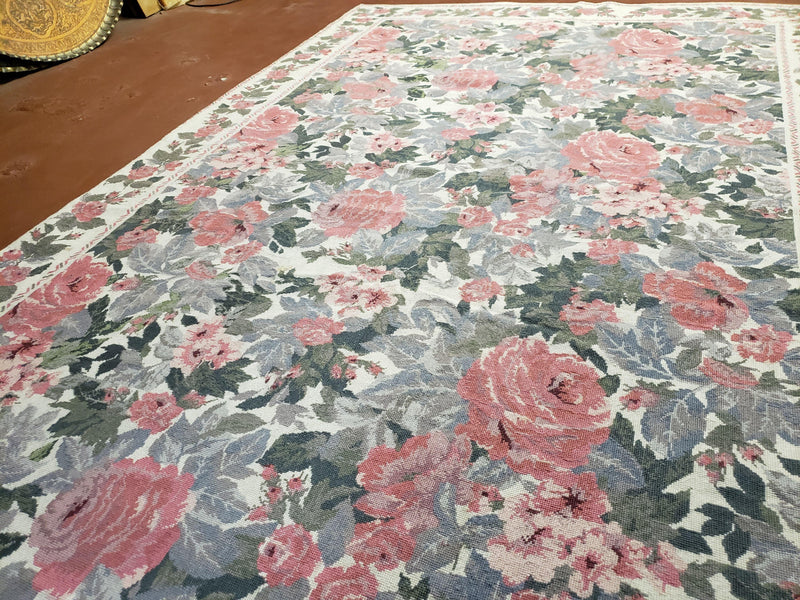 5x8 Needlepoint Rug 5' 4" x 8' 3" Wool Flat Weave Floral New Unused Carpet English Design Ivory Large Pink Flowers Green Leaves Hand-Knotted