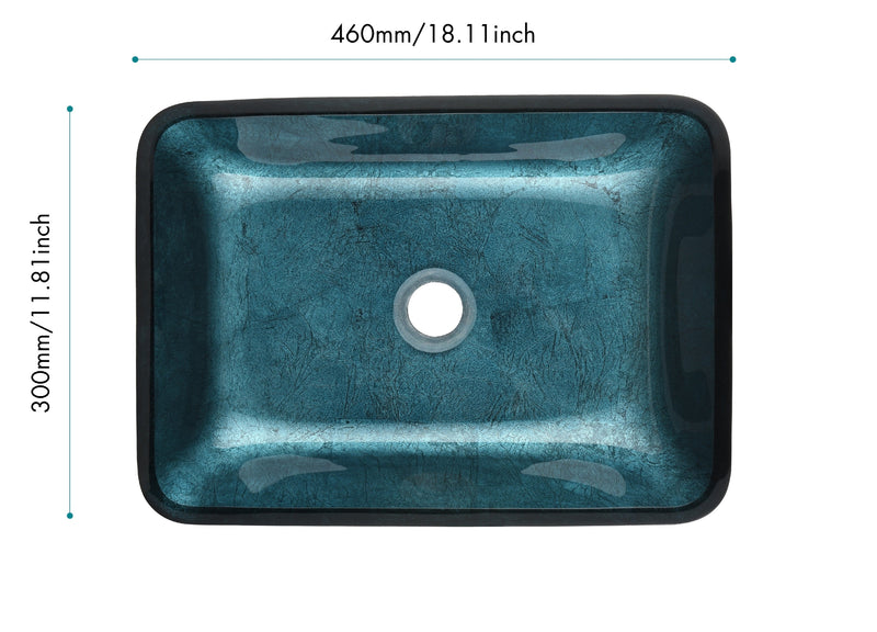 18.125" L -13.0" W -12.0" H Handmade Countertop Glass Rectangular Vessel Bathroom Sink Set in Blue Glass with Matte Black Single-Handle Single Hole Faucet and Pop Up Drain