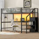 Full Size Loft Bed With Desk, Storage Staircase, Small Wardrobe And LED Light - Black by Unique Piece Furniture