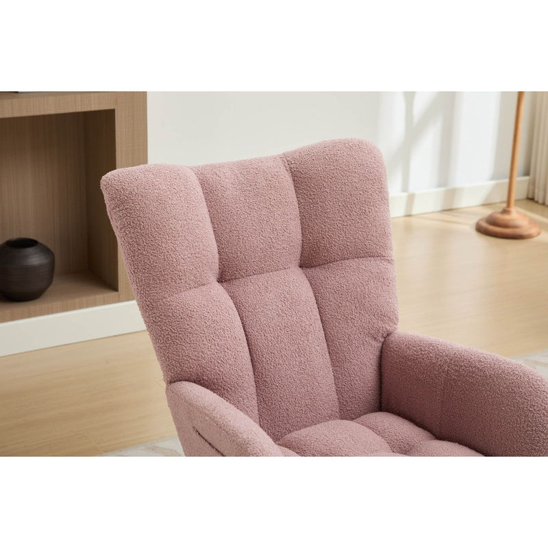 Modern Nursery Rocking Chair Upholstered Glider Chair with High Backrest Rocker Accent Armchair with Solid Wood Legs for Nursery Bedroom Living Room Teddy(Pink)