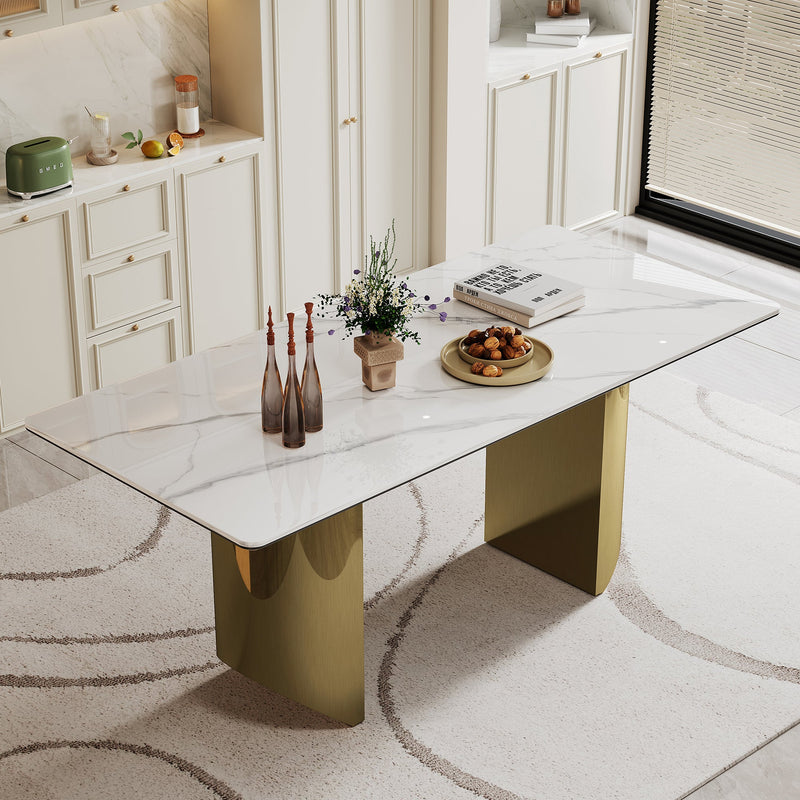 0.47" Thick Sintered Stone Composite Tempered Glass Top Dining Table with Stainless Steel Base