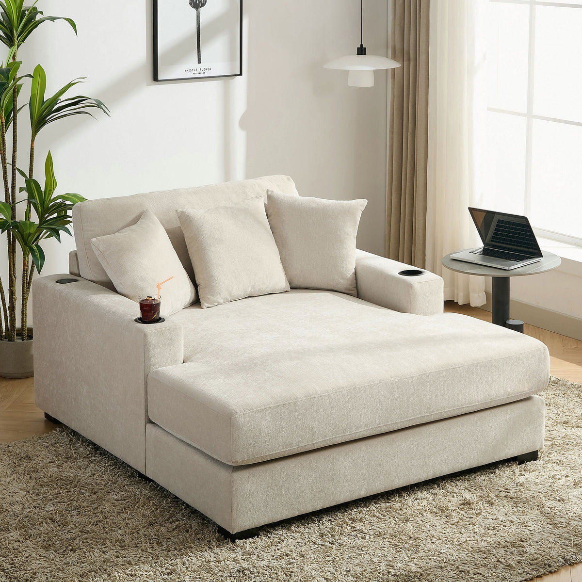 Oversized Chaise Lounger Modern Style Sofa Couch With Pillows, Charge Station & Cup Holders, photo 15 of 23