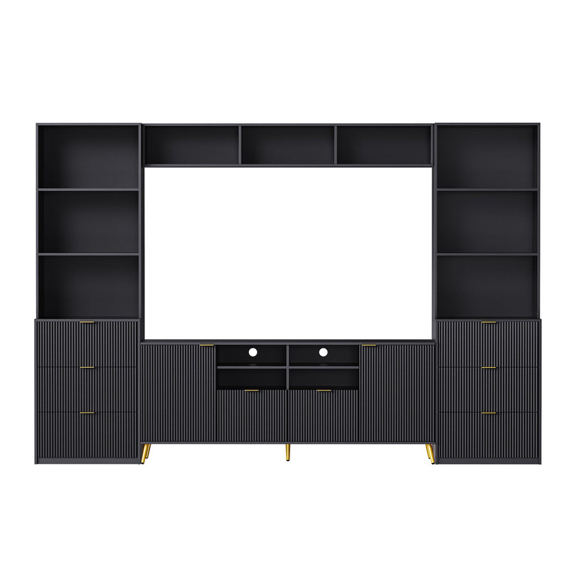 4-Piece Entertainment Wall Unit with 13 shelves,8 Drawers and 2 Cabinets, Multifunctional TV Stand Media Storage Cabinet with Fluted Line Surface for Living Room, for TVs Up to 70"