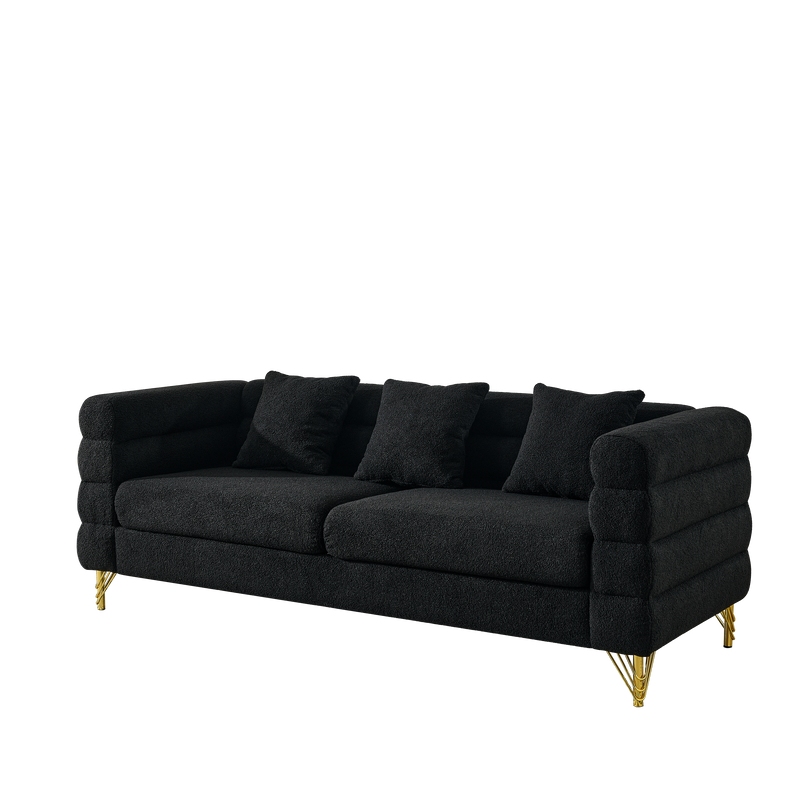 81 Inch Oversized 3 Seater Sectional Sofa, Living Room Comfort Fabric Sectional Sofe-Deep Seating Sectional Sofa, Soft Sitting with 3 Pillows for Living Room,Bedroom,Office, Black teddy