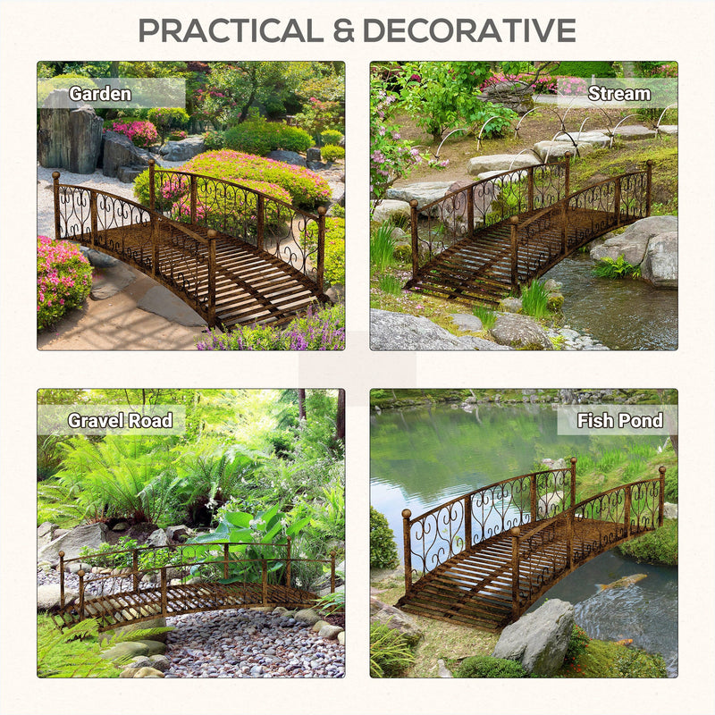 7' Metal Arch Garden Bridge with Safety Siderails, Decorative Arc Footbridge with Delicate Scrollwork "S" Motifs for Backyard Creek, Stream, Fish Pond, Bronze