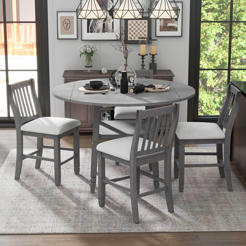 5-Piece Counter Height Dining Table Set in 2 Table Sizes with 4 Folding Leaves and 4 Upholstered Chairs for Dining Room (Gray+Beige Cushion)