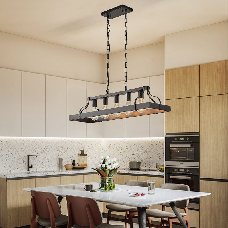 34-Inch Black Industrial Pendant Light with 5 E26 Bulb Sockets, Adjustable Chain Height – Modern Farmhouse Linear Chandelier for Dining Room, Kitchen Island, or Living Room (Bulb Not Included)