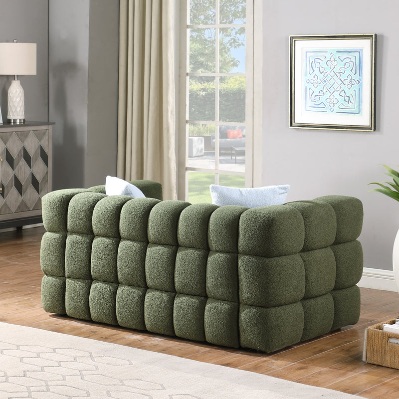 84.3/62.2 length, 35.83" deepth, human body structure for USA people, marshmallow sofa,boucle sofa, olive green color,3 seater. sofa and loveseater