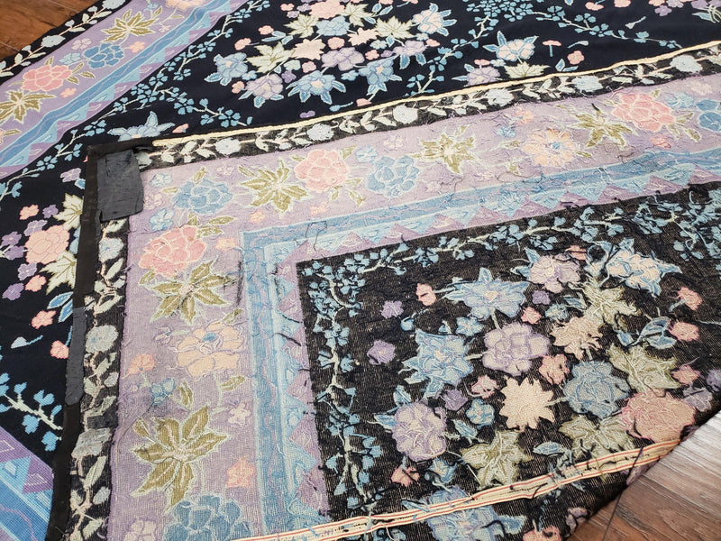 Chinese Needlepoint Rug 8 x 11.4, Hand-Woven Area Carpet, Flatweave Rug, Black Blue Light Violet Floral Garden European Design Wool Aubusson
