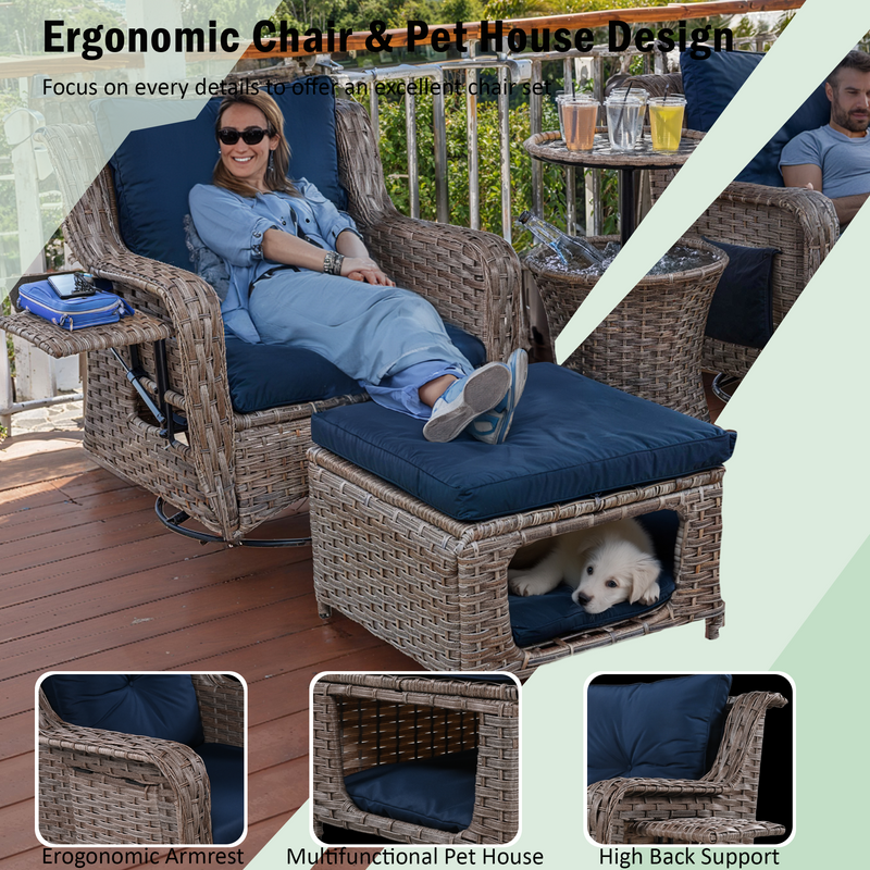 5 Pieces Outdoor Patio Furniture Set with Pet House Cool Bar and Retractable Side Tray, Rattan Wicker Patio Swivel Rocking Chairs Set of 2 with Ottomans for Backyard, Porch, Balcony, Navy Blue