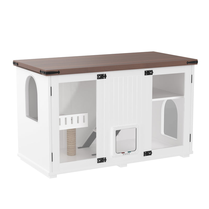 47.25' Large Cat Litter Box Enclosure with LED Light, Hidden Litter Box Furniture, Cat House with Stairs and Cat Scratching Post, Cat Cabinet Side Table with Smart Doors for Living Room, White