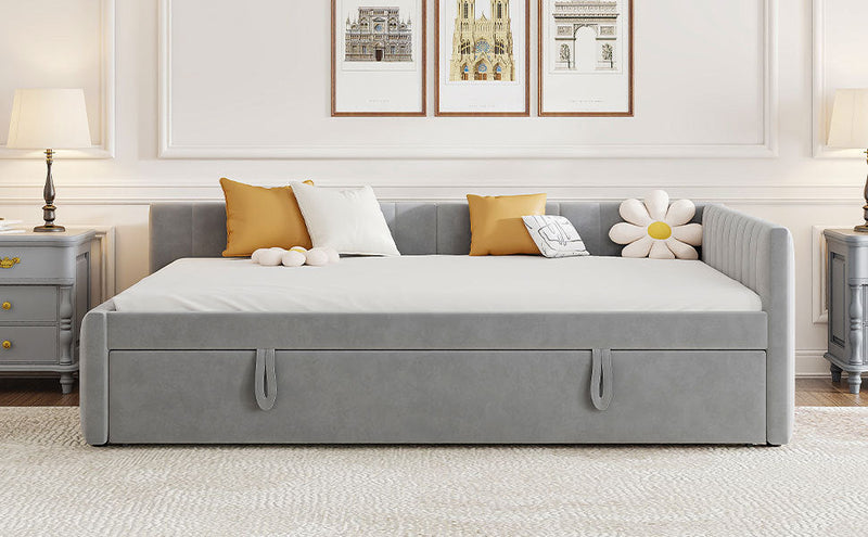 Full Size Upholstered L-Shaped Upholstered Daybed with Twin
Size Pop Up Trundle, Gray