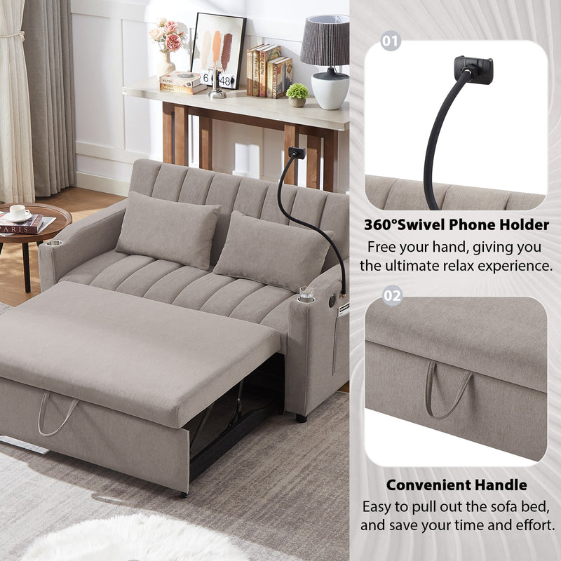 55.9" Convertible Sofa Bed Loveseat Sofa with Three USB Ports, Two Side Pockets, Two Cup Holders and 360Swivel Phone Holder for Living Room, Light Grey