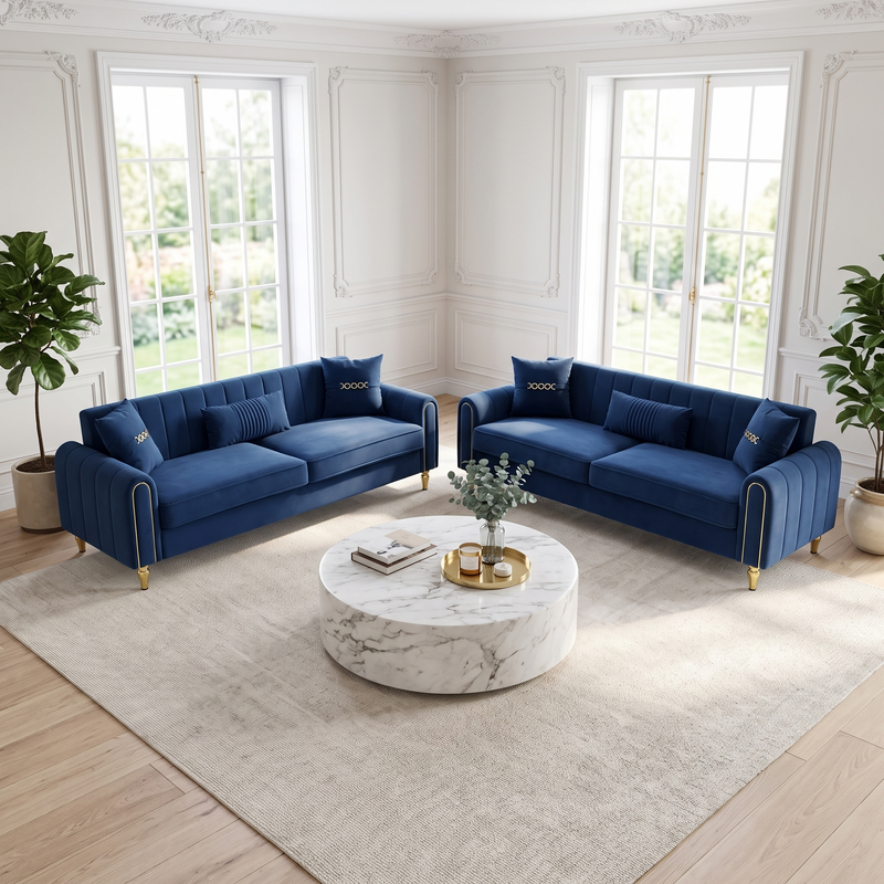 Vintage Blue Velvet 2-Piece Sofa Set, photo 3 of 10