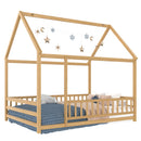 Full Size Floor Wooden Bed with House Roof Frame