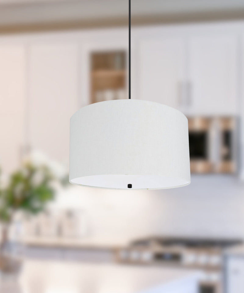 16" W 2 Light Pendant White Linen Drum Shade with Diffuser, Black Cord