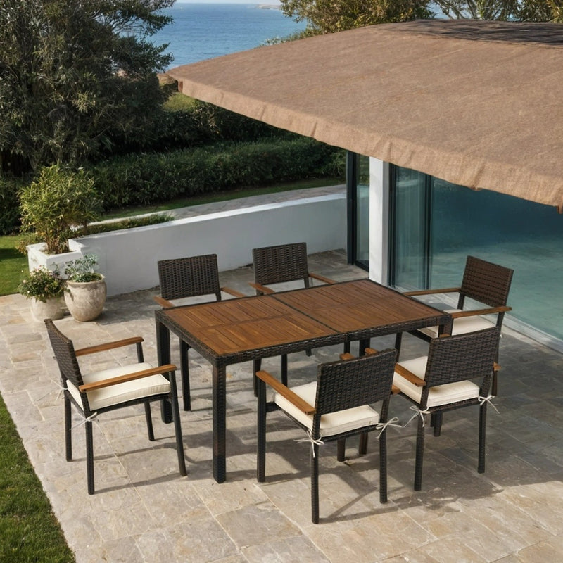 7 piece Outdoor Patio Wicker Dining Set Patio Wicker Furniture Dining Set w/Acacia Wood Top Brown Wicker + Cream Cushion