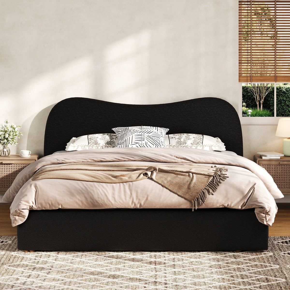 King Size Upholstered Platform Bed with Wooden Slats, photo 5 of 10
