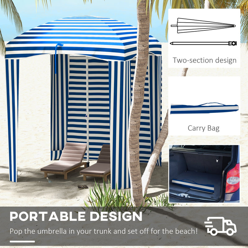 5.9' x 5.9' Portable Beach Umbrella, Ruffled Outdoor Cabana with Walls, Vents, Sandbags, Carry Bag, Blue & White Stripe