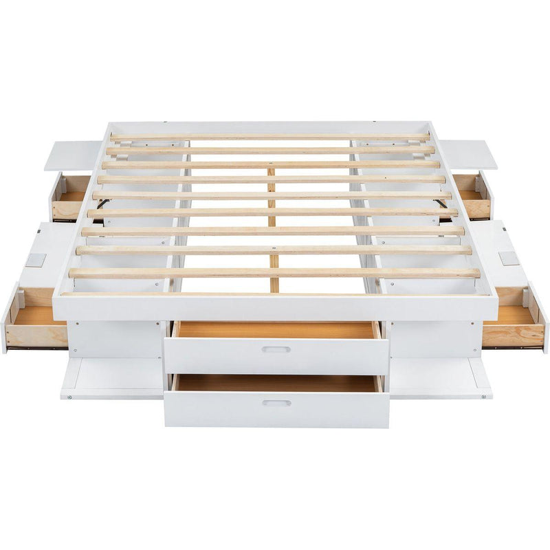 Storage Platform Bed Frame with Multiple Drawers and Shelves No Box Spring Needed, Queen Size,White