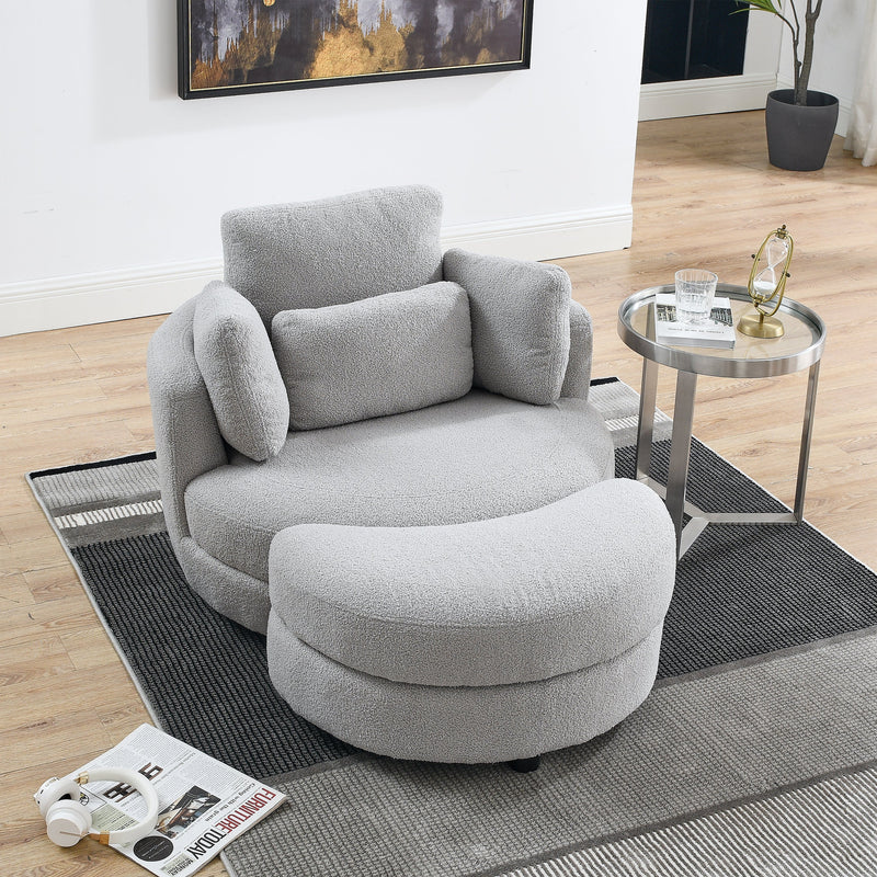 39" W Oversized Swivel Chair with moon storage ottoman for Living Room, Modern Accent Round Loveseat Circle Swivel Barrel Chairs for Bedroom Cuddle Sofa Chair Lounger Armchair, 4 Pillows, Teddy Fabric