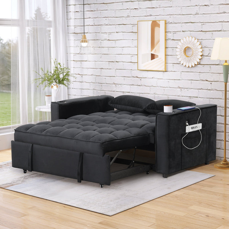 55.3" 4-1 Multi-functional Sofa Bed with Cup Holder and USB Port for Living Room or Apartments Black