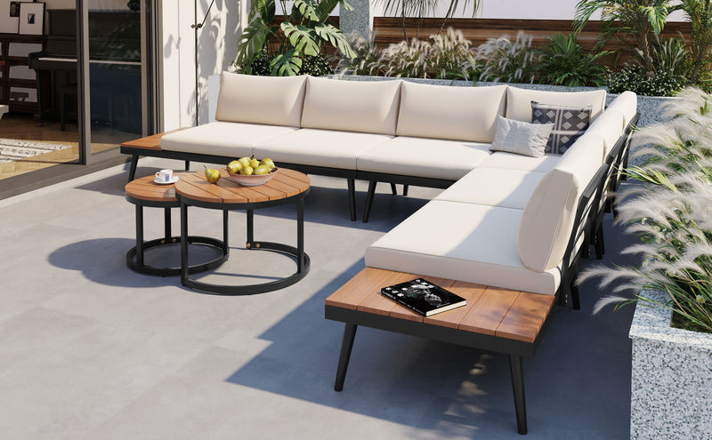 6-Piece Outdoor Sectional Sofa Set with Round Nesting Coffee Tables and Seating Sofa with Cushions for Patio, Porch and Garden (Beige)