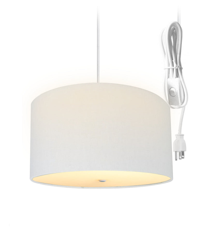 16"W 2 Light Swag Plug-In Pendant  White Linen Drum with Diffuser White Cord