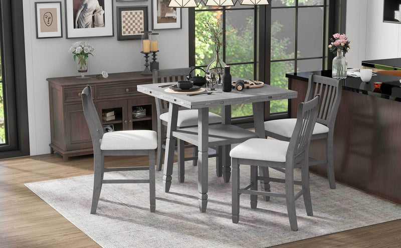 5-Piece Counter Height Dining Table Set in 2 Table Sizes with 4 Folding Leaves and 4 Upholstered Chairs for Dining Room (Gray+Beige Cushion)