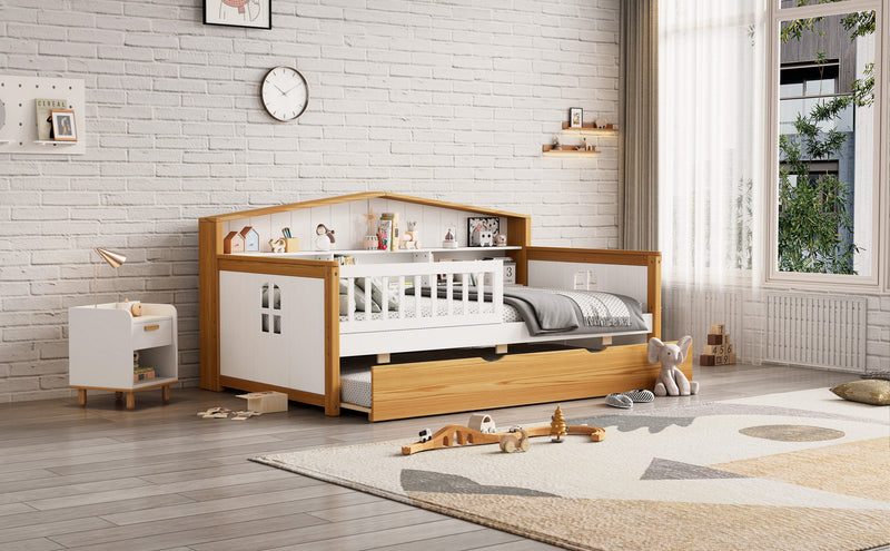 Walker Edison | Twin Size House Shape Daybed with Trundle and Bookcase Headboard