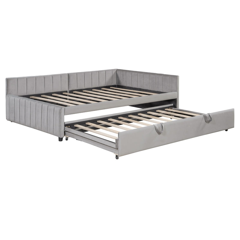 Full Size Upholstered L-Shaped Upholstered Daybed with Twin
Size Pop Up Trundle, Gray