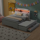 Full Size Platform Bed With Storage LED Headboard, Twin Trundle And 3 Drawers - White by HouseOfZazla