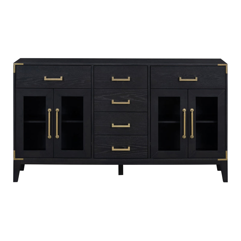 6-drawer and 2-Cabinet Retro Sideboard with Extra Large Storage Space, with Gold Handles and Solid Wood Legs, for Kitchen and Living Room (Black)