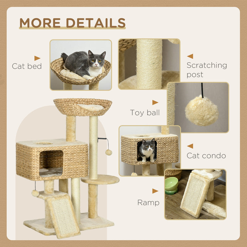 38" Cat Tree for Indoor Cats, Cat Tower with Scratching Posts, Ramp, Condo, Toy Balls, Platform, Bed, Ramp, Beige