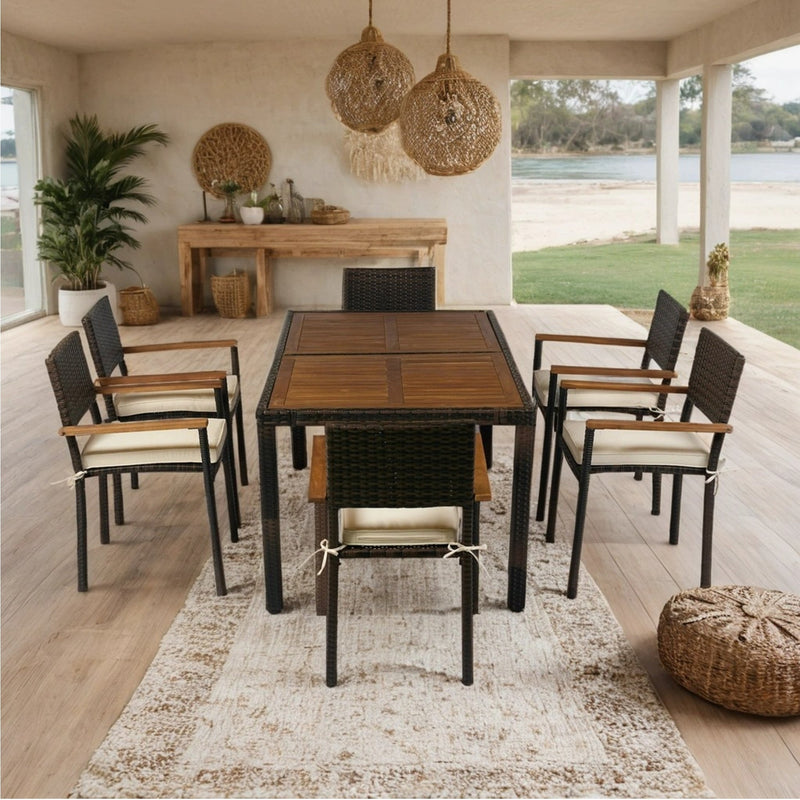 7 piece Outdoor Patio Wicker Dining Set Patio Wicker Furniture Dining Set w/Acacia Wood Top Brown Wicker + Cream Cushion