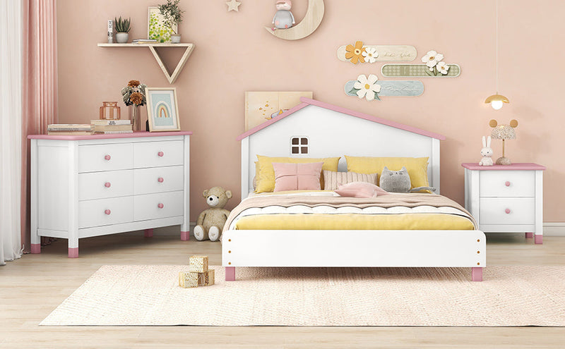 3-Pieces Bedroom Sets Full Size Platform Bed with Nightstand and Storage dresser,White+Pink