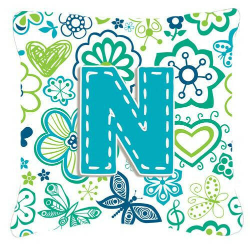 Letter N Flowers and Butterflies Teal Blue Canvas Fabric Decorative Pillow CJ2006-NPW1414