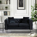59.4 Inch Wide Black Velvet Sofa with Jeweled buttons, Square Arm, 2 Pillows