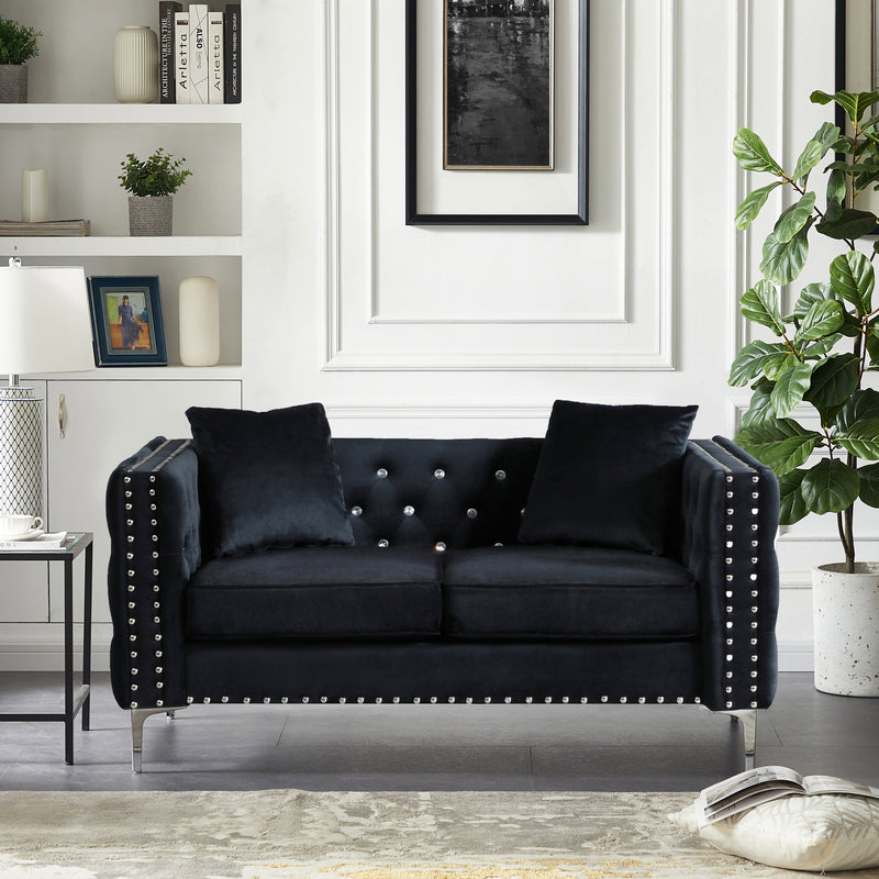 59.4 Inch Wide Black Velvet Sofa with Jeweled buttons, Square Arm, 2 Pillows