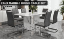 A simple dining table. A dining table with a white marble pattern. 6 PU synthetic leather high backrest cushioned side chairs with C-shaped silver metal legs. DT-SQ-16090-wh