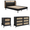 4 Pieces Modern Cannage Rattan Platform Queen Bed + Nightstandx2+ Dresser, Black