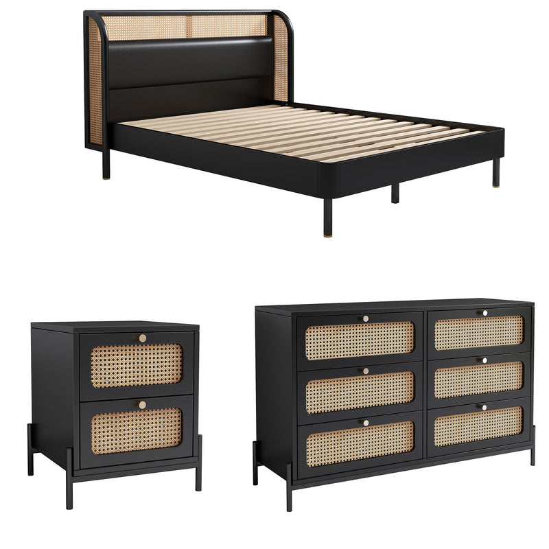 4 Pieces Modern Cannage Rattan Platform Queen Bed + Nightstandx2+ Dresser, Black
